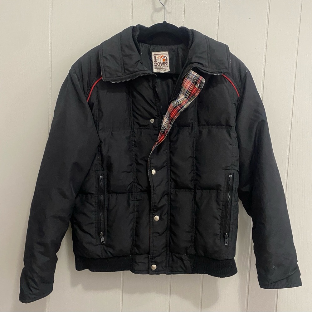Vintage 1st Down Black Jacket with Plaid Accents Medium